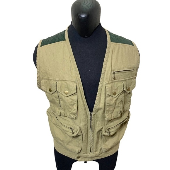 Vintage Hudson Bay Vest linen blend Quilted Tan Green Sz S/M Fishing Hiking - Picture 1 of 14